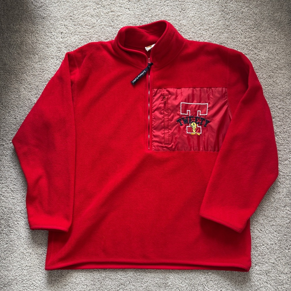 Vintage 2001 Looney Tunes Tweety Bird Red Fleece Quarter Zip‎ Pullover XL Freeze